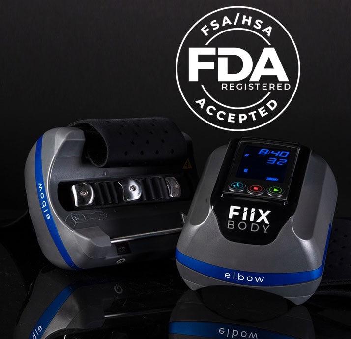 Fiix body. fiix elbow device. fda registered. tennis elbow. golfer's elbow. elbow tendinitis. tendonosis. tendinosis. physical therapy. fsa. hsa. at-home.