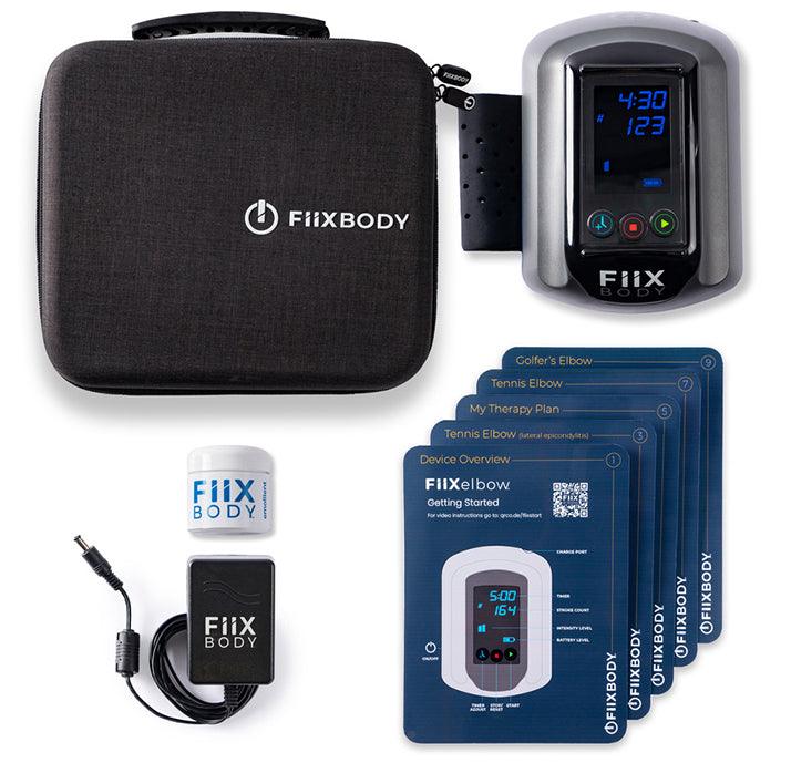 fiix elbow device. case. therapy cards. emollient. power supply.