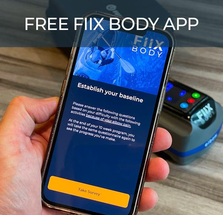 free fiix body app. cell phone. fiix elbow device. fiix elbow case. establish your baseline. take survey.
