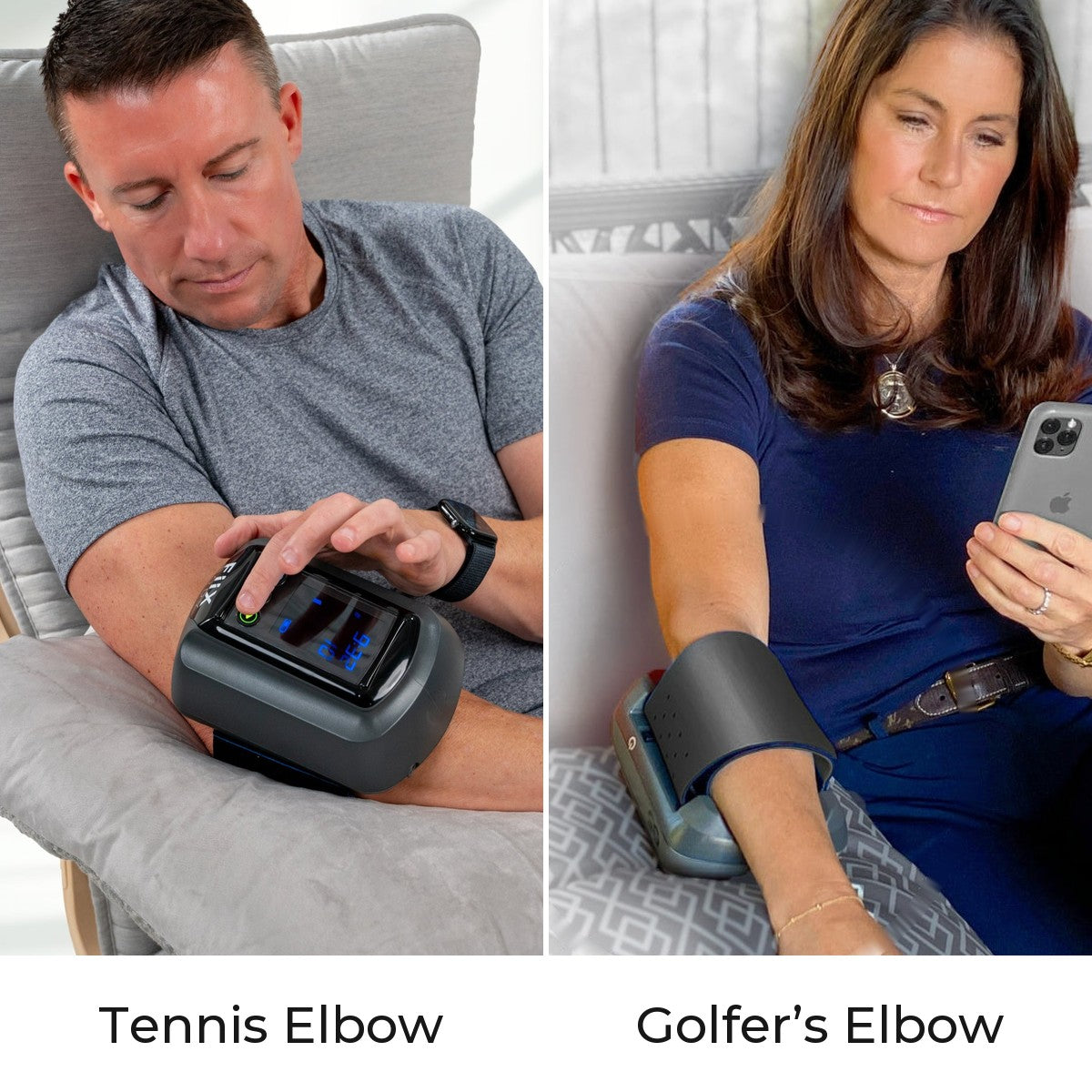 The Fiix Elbow treating tennis elbow on a man’s forearm and golfer’s elbow on a woman’s forearm